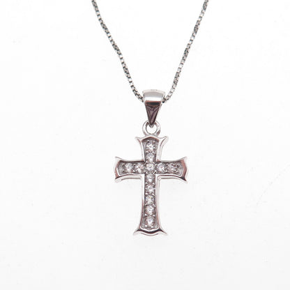 925 Sterling Silver Round-Cut C Z Cross Box Chain Necklace 18"