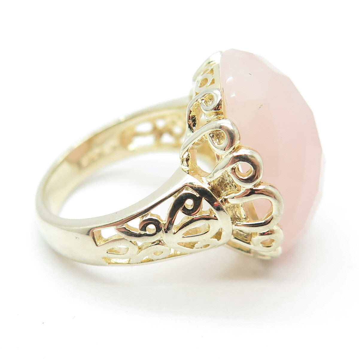 925 Sterling Silver Gold Plated Checkered Rose Quartz Ornate Ring Size 6.25