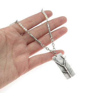 925 Sterling Silver Vintage Real Pearl Branch Modernist Bar Chain Necklace 18"