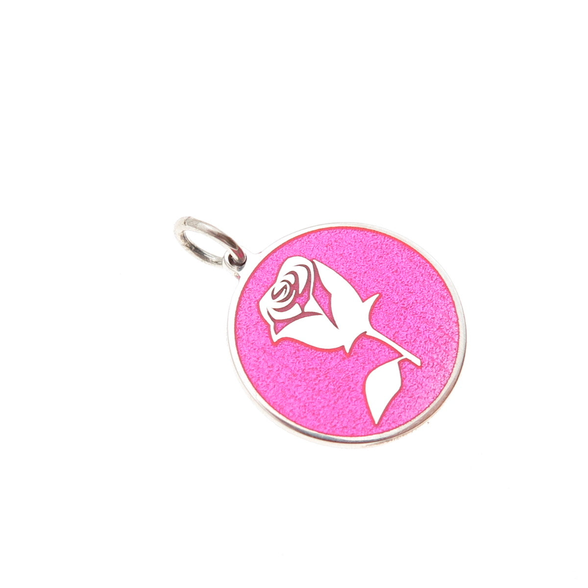 925 Sterling Silver Pink Enamel Rose Flower Round Tag Mini Charm Pendant
