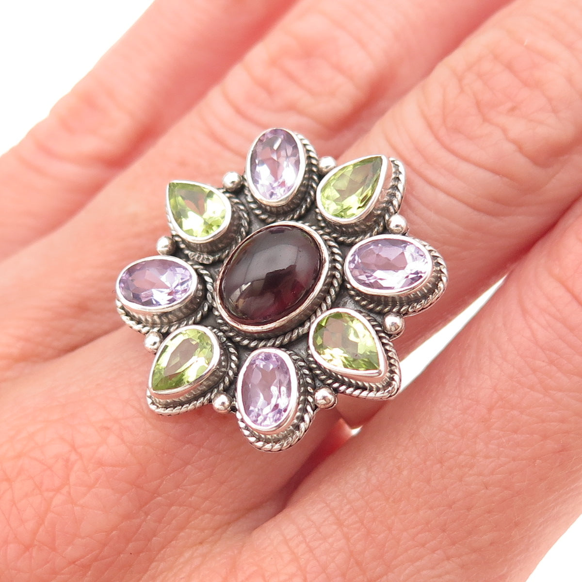Doug Paulus 925 Sterling Vintage Real Rhodolite Amethyst Peridot Ring Size 7.25