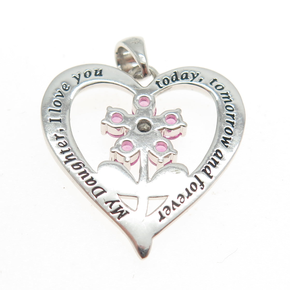 925 Sterling Silver Real White Diamond & Pink Sapphire Gem Heart Floral Pendant