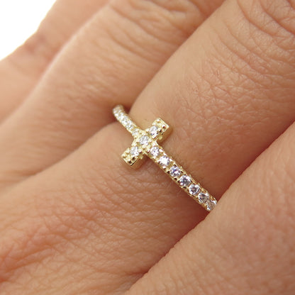 925 Sterling Silver Gold Plated Round-Cut C Z Cross Ring Size 8