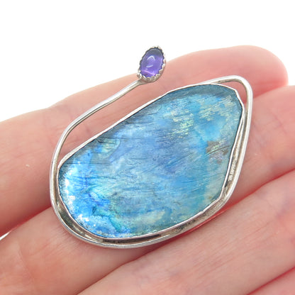 VACA CODI 925 Sterling Silver Vintage Real Amethyst & Roman Glass Brooch Pendant