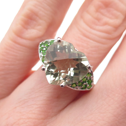 925 Sterling Real Green Amethyst & Chrome Diopside Heart Ring Size 5