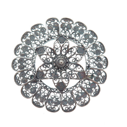 900 Silver Antique Art Deco Flower Filigree Oxidized Pin Brooch / Pendant
