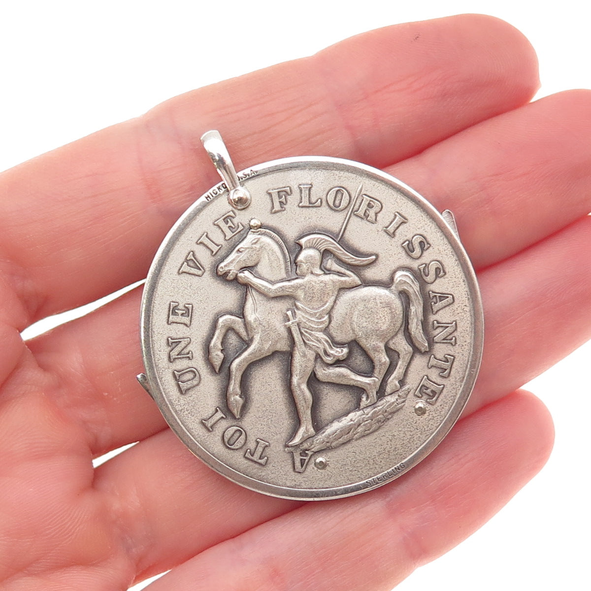 Hickok 925 Sterling Vintage "A Tuoi Une Vie Florissante" Token Knife Pendant