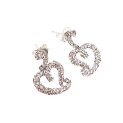 925 Sterling Silver Round-Cut C Z Heart Dangle Earrings