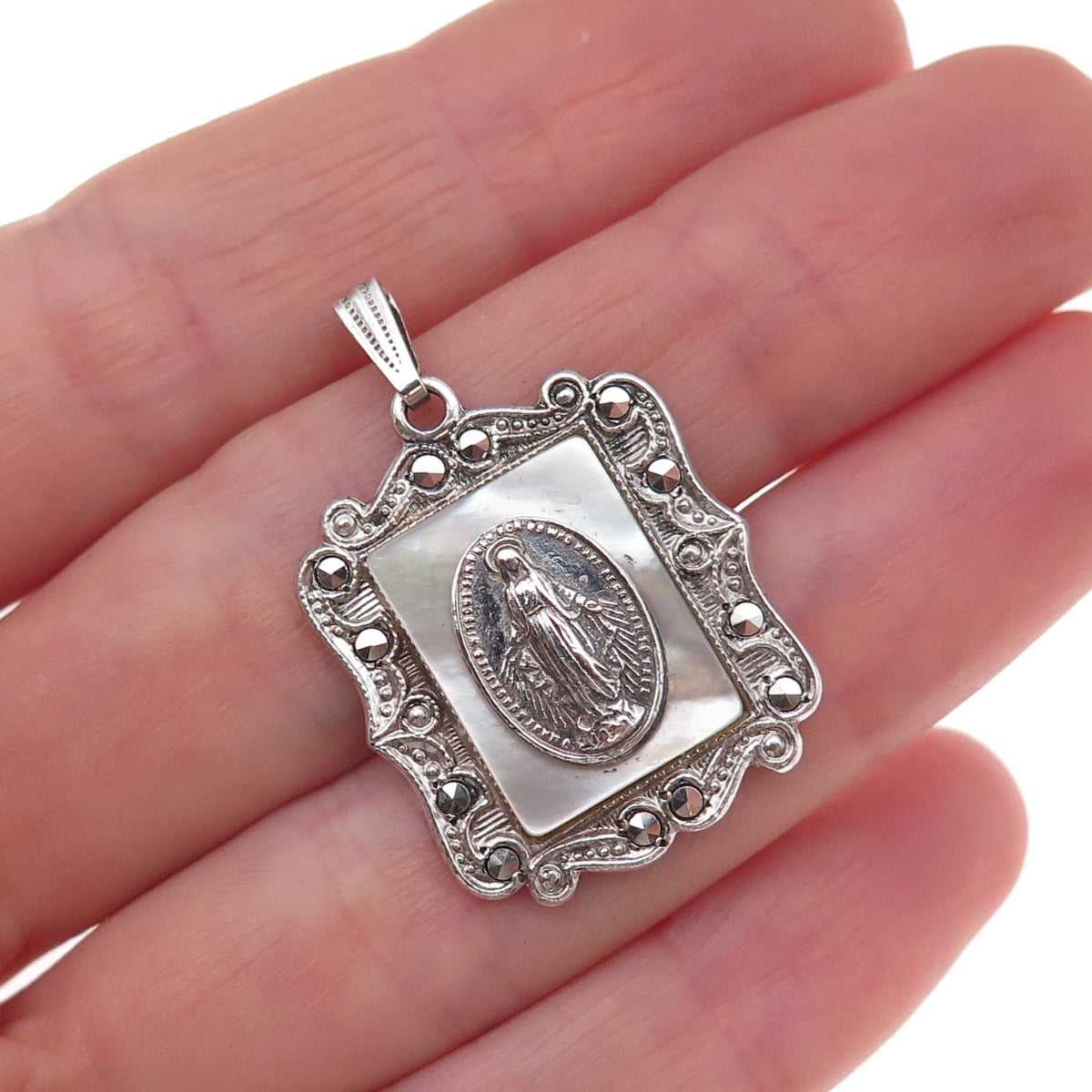 925 Sterling Silver Antique Art Deco Real MOP & Marcasite St. Mary Charm Pendant