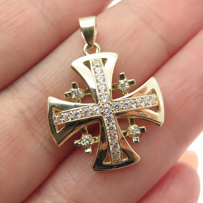 14K Yellow Gold Round-Cut C Z Jerusalem Cross Religious Charm Pendant