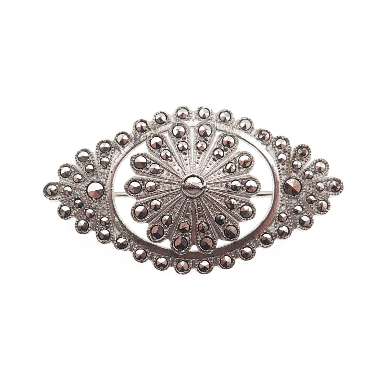 925 Sterling Silver Antique Art Deco Real Marcasite Floral Pin Brooch