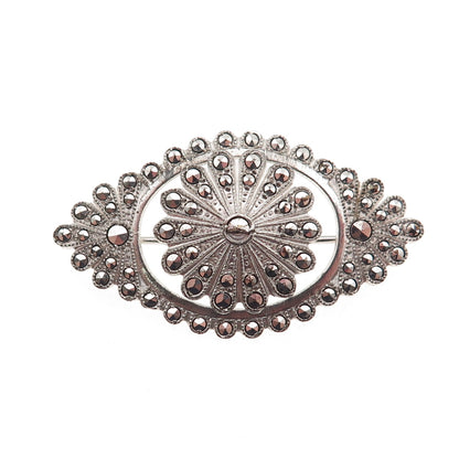 925 Sterling Silver Antique Art Deco Real Marcasite Floral Pin Brooch