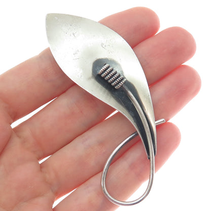 BEAU 925 Sterling Silver Vintage Calla Lily Flower Modernist Oxidized Pin Brooch