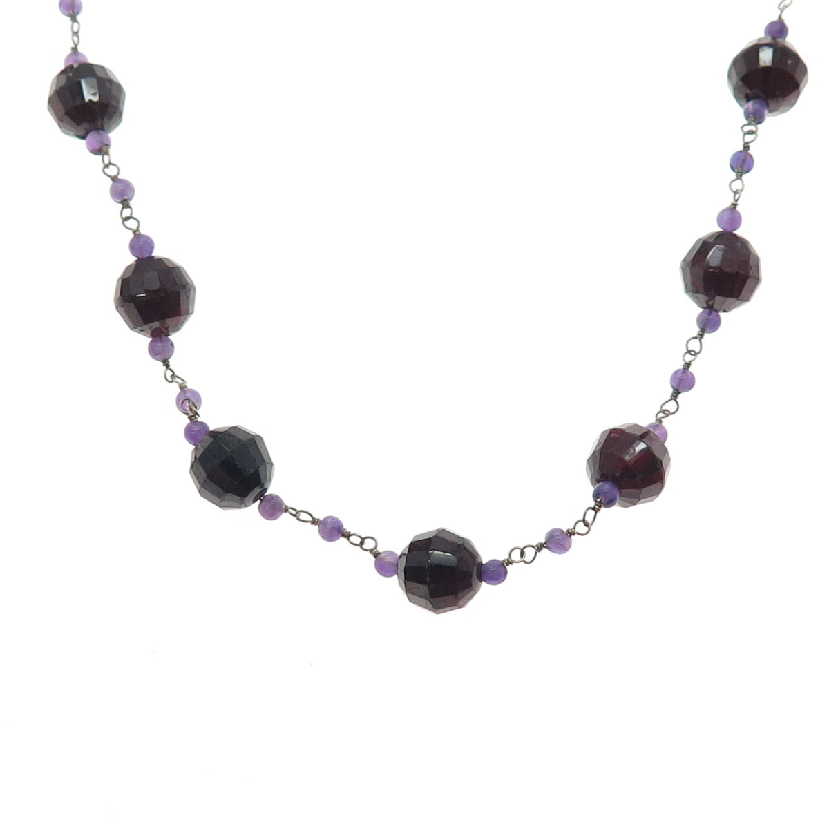 925 Sterling Silver Vintage Real Red Garnet & Amethyst Beaded Chain Necklace 16"