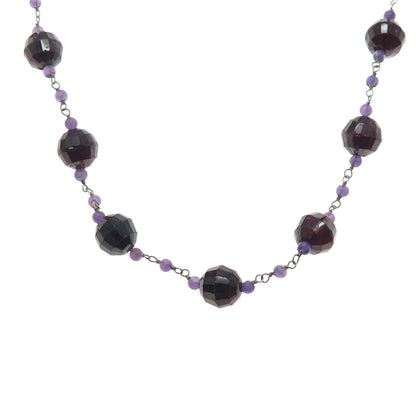 925 Sterling Silver Vintage Real Red Garnet & Amethyst Beaded Chain Necklace 16"