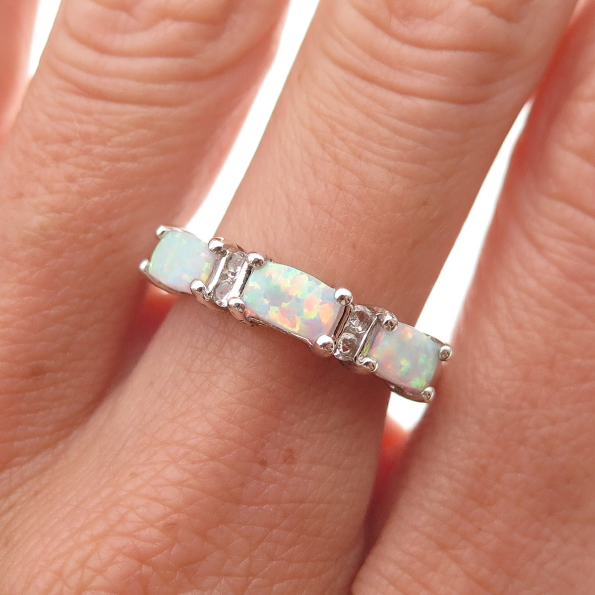 925 Sterling Silver Vintage Real Opal & White Topaz Ring Size 7.25