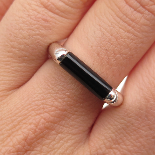 925 Sterling Silver Vintage Real Black Onyx Modernist Band Ring Size 8.25