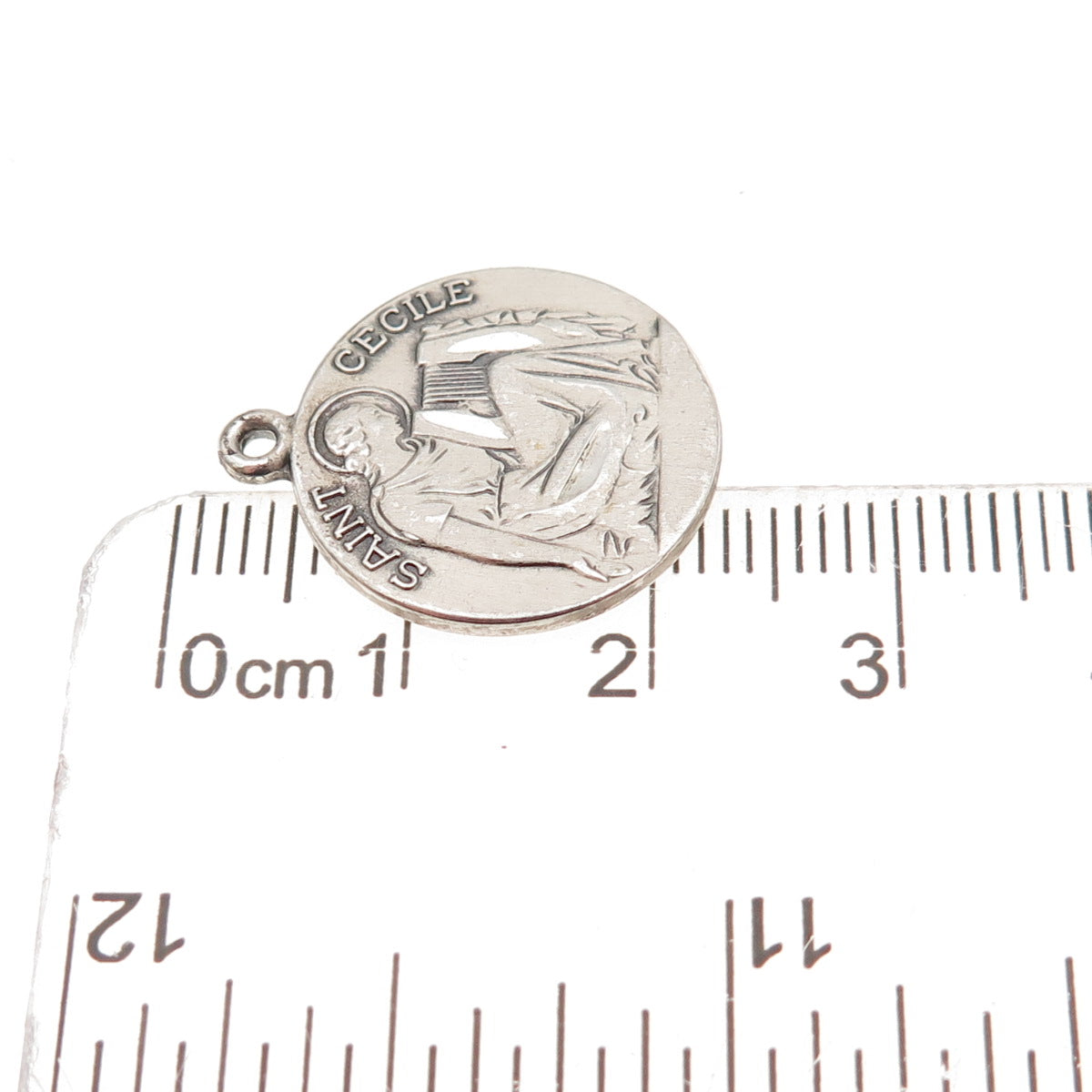 925 Sterling Silver Vintage Saint Cecilia Medal Oxidized Charm Pendant