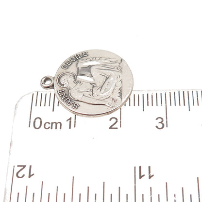 925 Sterling Silver Vintage Saint Cecilia Medal Oxidized Charm Pendant