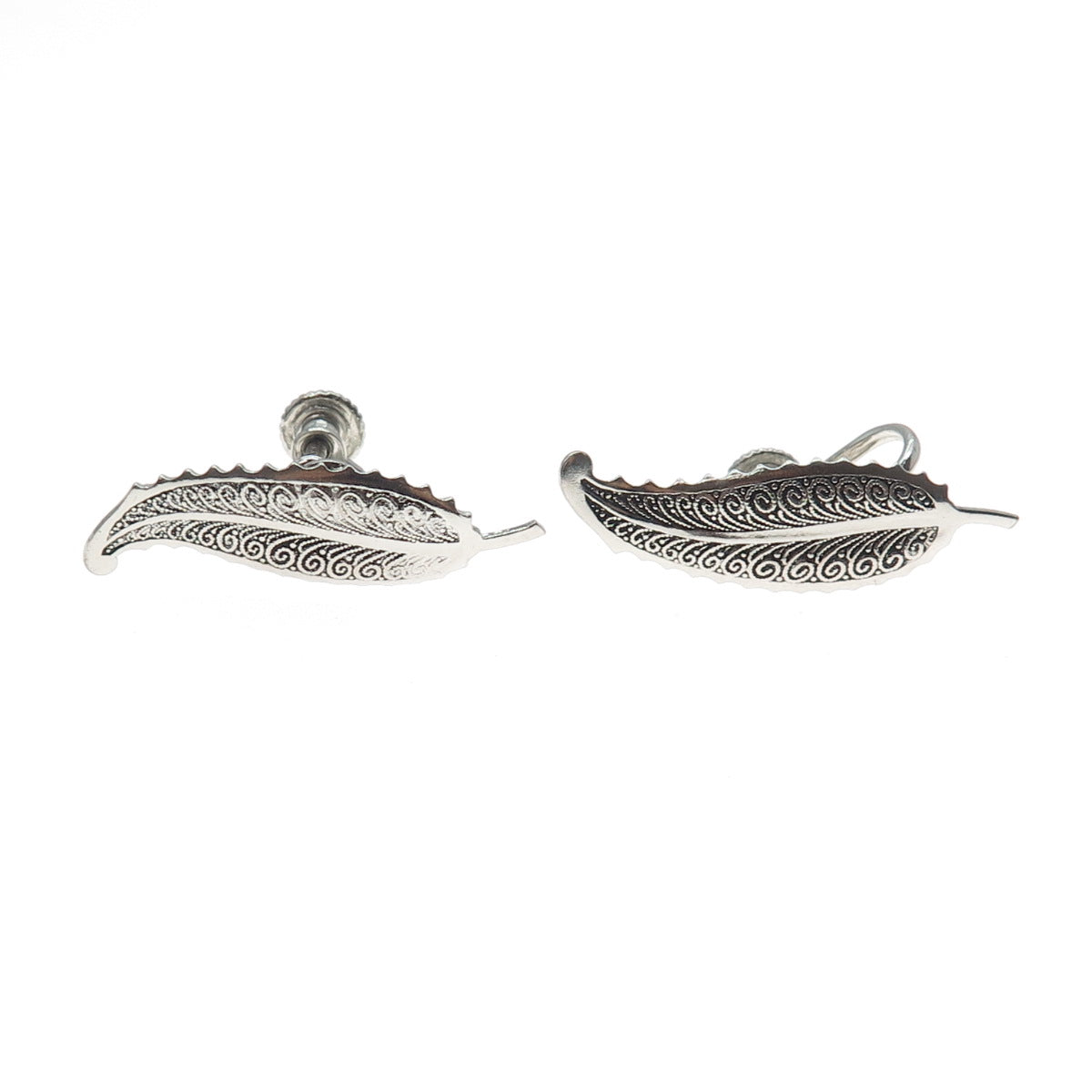 925 Sterling Silver Antique Art Deco Feather Oxidized Screw Back Earrings