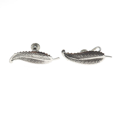 925 Sterling Silver Antique Art Deco Feather Oxidized Screw Back Earrings