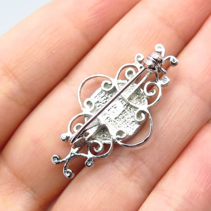 925 Sterling Silver Vintage Enamel Ornate Pin Brooch