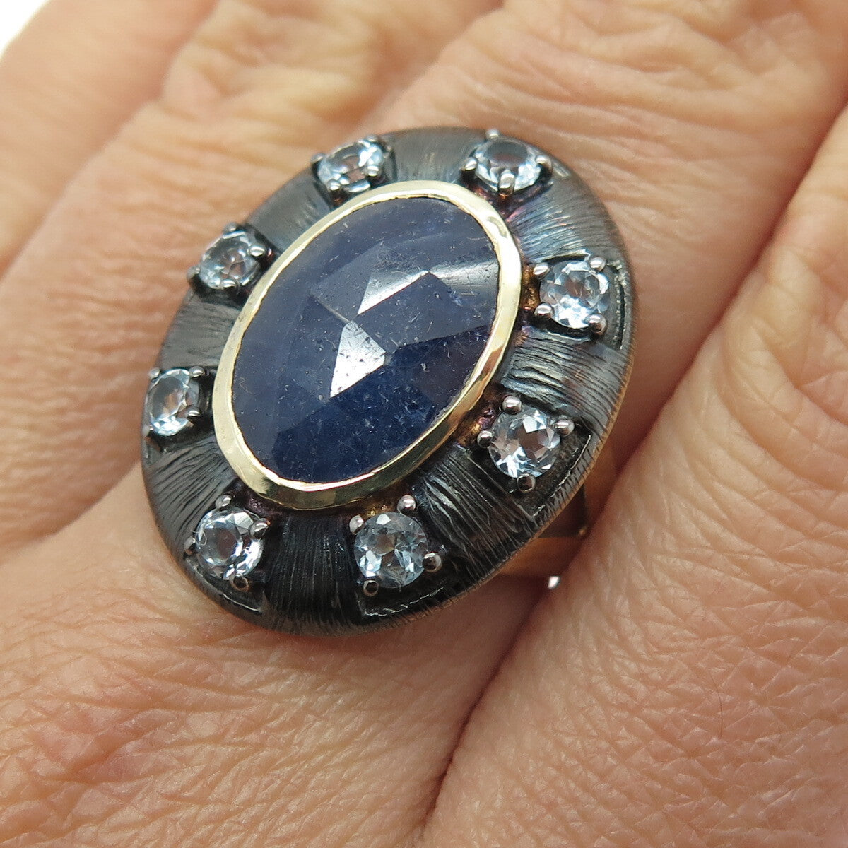 DSMK 925 Sterling Silver 2-Tone Real Sapphire & Blue Topaz Ring Size 6.75