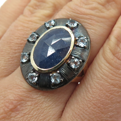 DSMK 925 Sterling Silver 2-Tone Real Sapphire & Blue Topaz Ring Size 6.75
