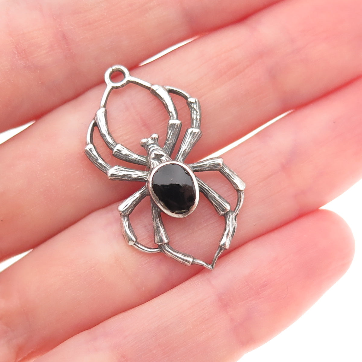 925 Sterling Silver Vintage Real Black Onyx Spider Oxidized Charm Pendant