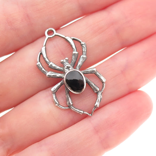 925 Sterling Silver Vintage Real Black Onyx Spider Oxidized Charm Pendant
