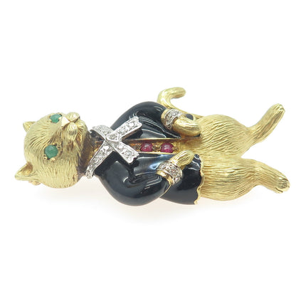 18K Yellow Gold Vintage Enamel Real 0.30ct Diamond Emerald & Ruby Cat Pin Brooch