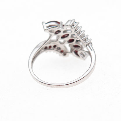 925 Sterling Silver Vintage Real Marquise & Round-Cut Red Garnet Ring Size 7
