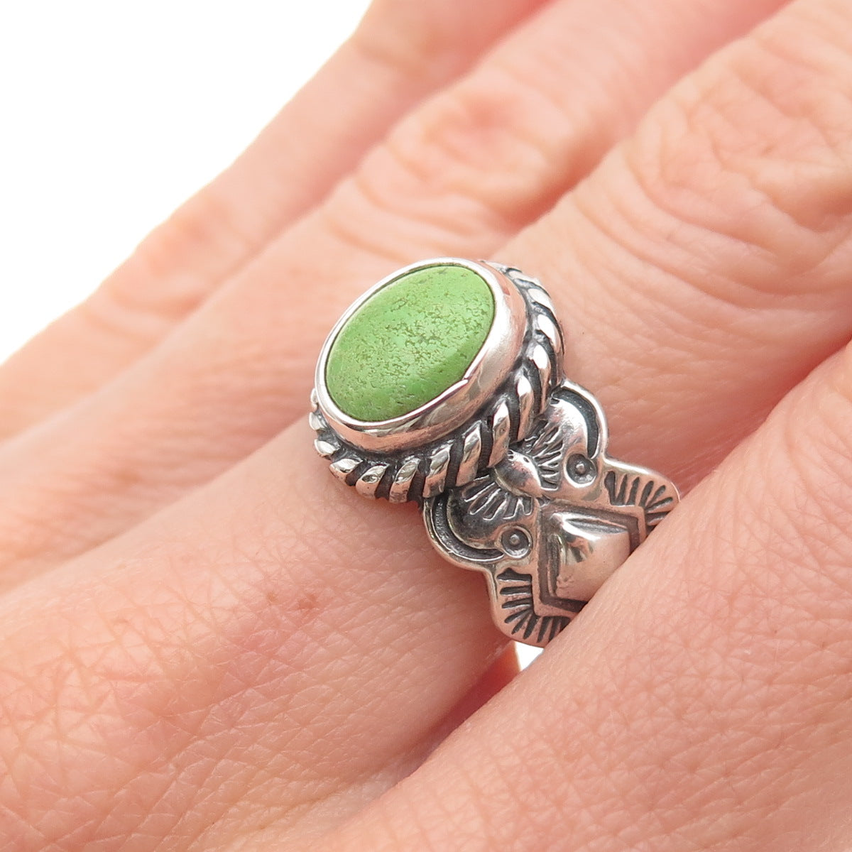 Shube Old Pawn 925 Sterling Silver Vintage Lime Green Turquoise Ring Size 9.5