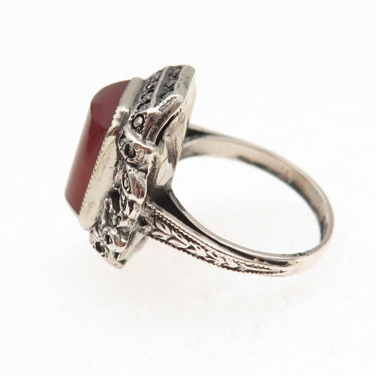 925 Sterling Antique Real Carnelian & Marcasite Ring Size 6.5 (missing 4 stones)