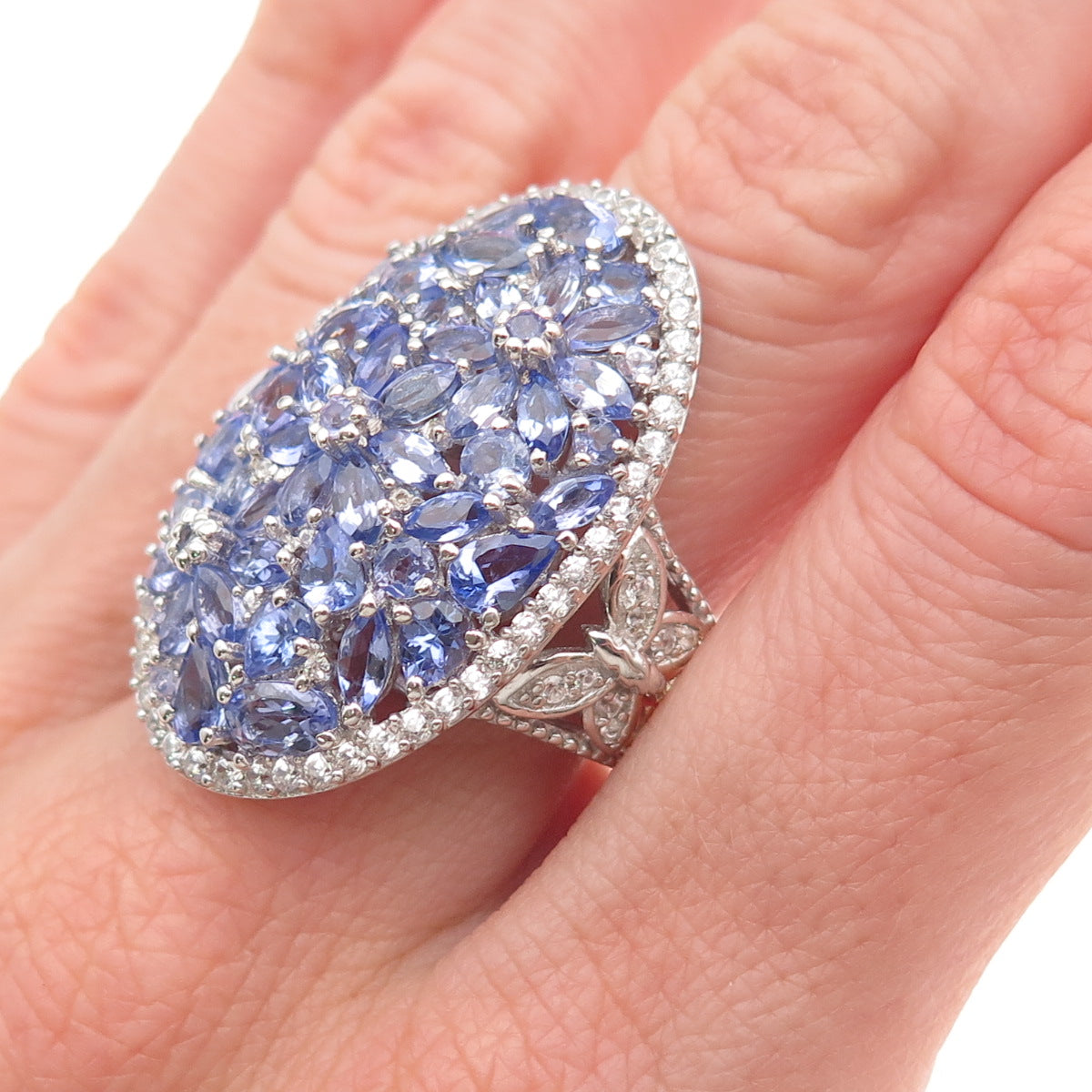 Chuck Clemency Sterling Silver 2-Tone Real Tanzanite & White Topaz Ring Size 8