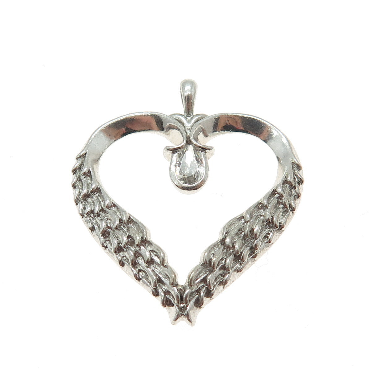 BGE BRADFORD 925 Sterling Silver Pear-Cut Shaped C Z Angel Wings Heart Pendant