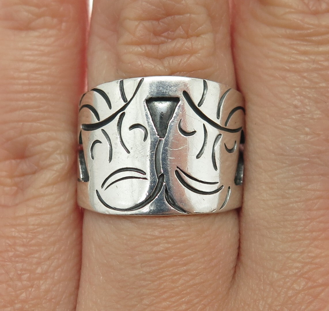 925 Sterling Silver Vintage MLV Mexico Tragedy & Comedy Masks Ring Size 7.25