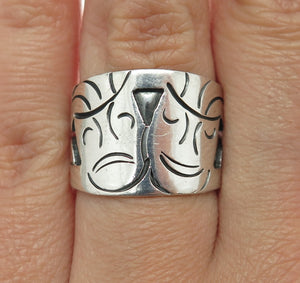 925 Sterling Silver Vintage MLV Mexico Tragedy & Comedy Masks Ring Size 7.25