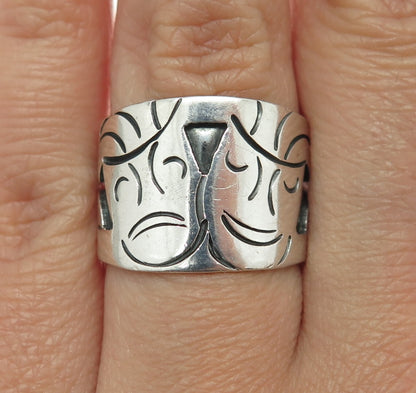 925 Sterling Silver Vintage MLV Mexico Tragedy & Comedy Masks Ring Size 7.25