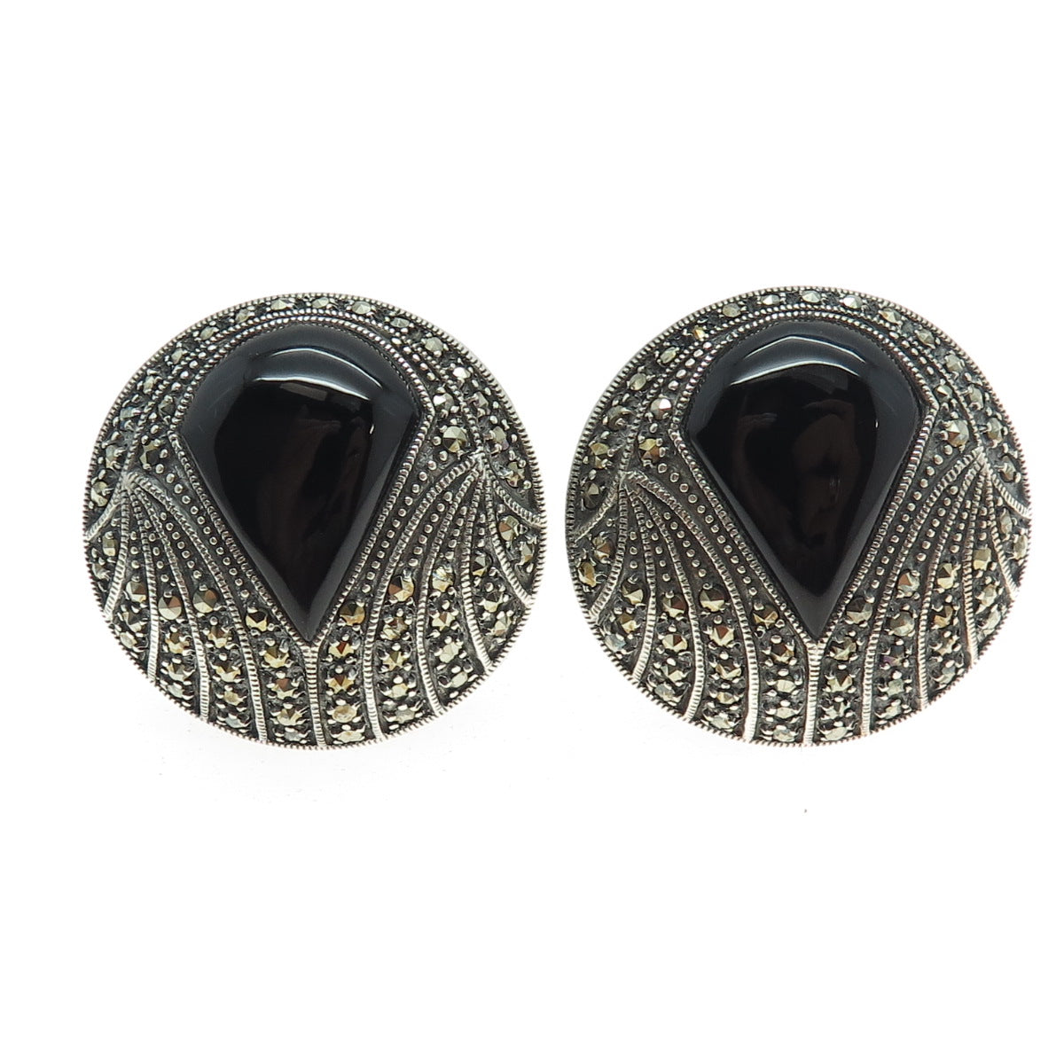 925 Sterling Silver Antique Art Deco Real Black Onyx Marcasite Clip On Earrings