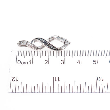 925 Sterling Silver Real Round-Cut Black & White Diamond Twisted Pendant