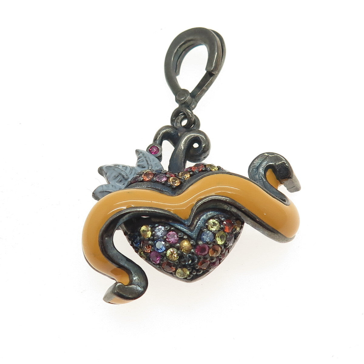 925 Sterling Silver Black Rhodium Enamel Real Multi-Color Sapphire Heart Pendant