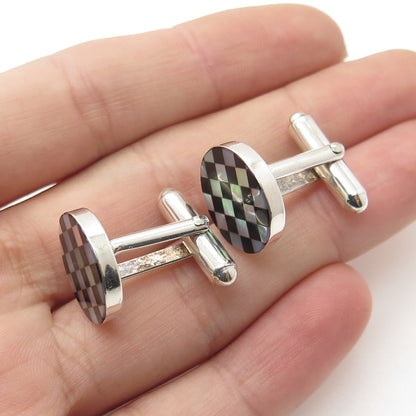 GREAT FALLS METAL WORKS Sterling Silver Vintage MOP & Onyx Chessboard Cufflinks