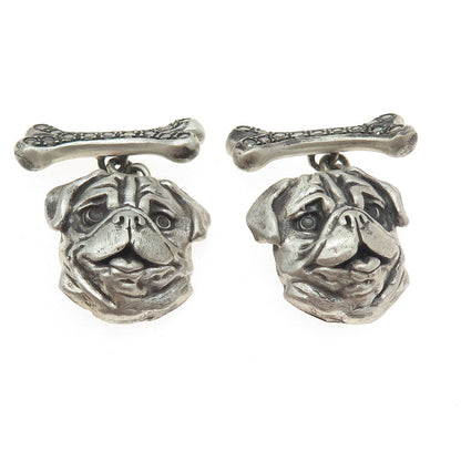 925 Sterling Silver Vintage Real Round-Cut Champagne Diamond Pug Dog Cufflinks