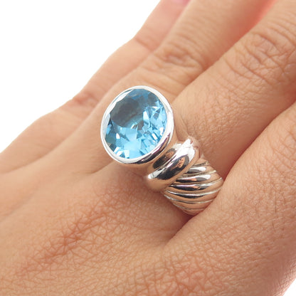 SAJEN 925 Sterling Silver Vintage Real Blue Topaz Modernist Ring Size 8.25