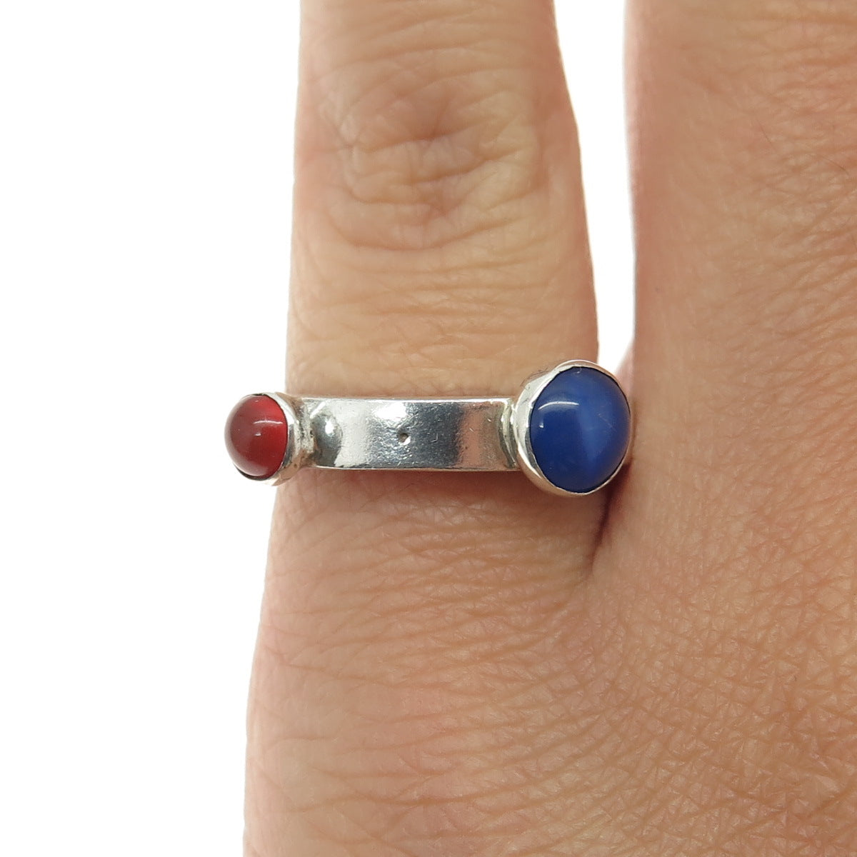 925 Sterling Vintage Blue Chalcedony & Carnelian Gem Modernist Ring Size 5.5