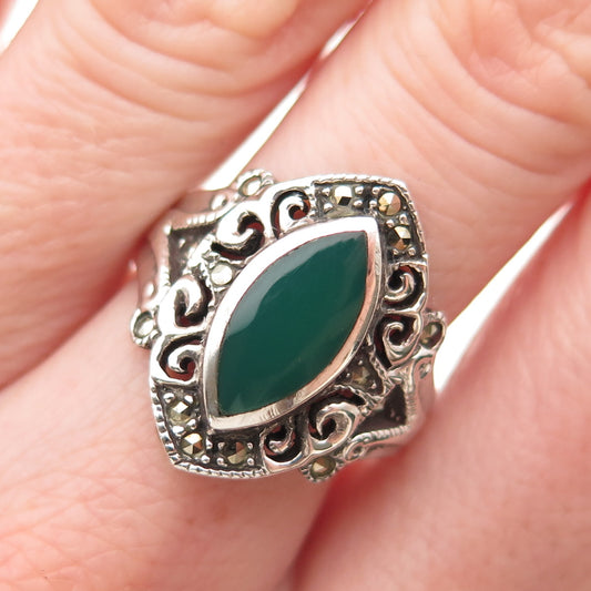 925 Sterling Silver Vintage Real Green Onyx & Marcasite Oxidized Ring Size 8