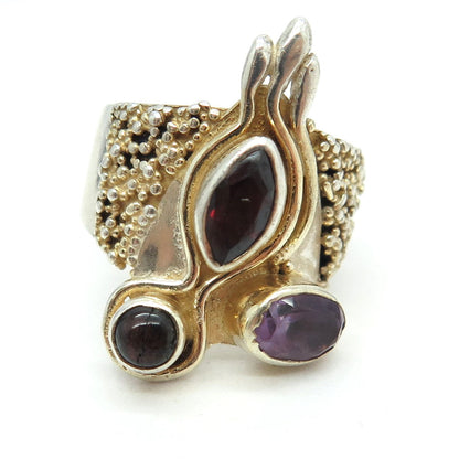 925 Sterling Silver 2-Tone Vintage Real Red Garnet & Amethyst Gem Ring Size 6.5