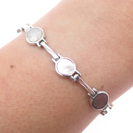 925 Sterling Silver Vintage Real Multi-Color MOP Modernist Link Bracelet 7.75"