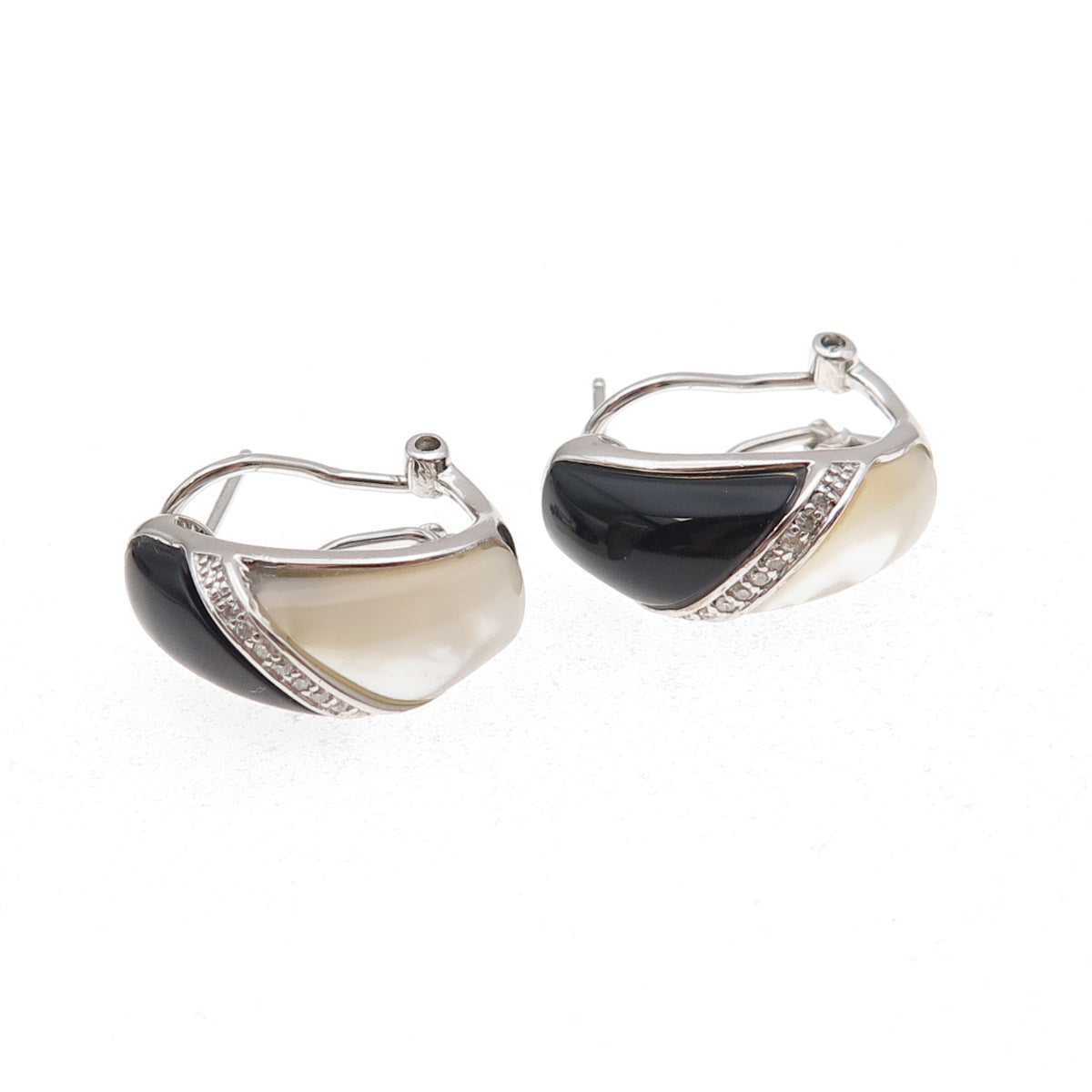 Sai 925 Sterling Silver Real Diamond Black Onyx & MOP Omega Back Earrings